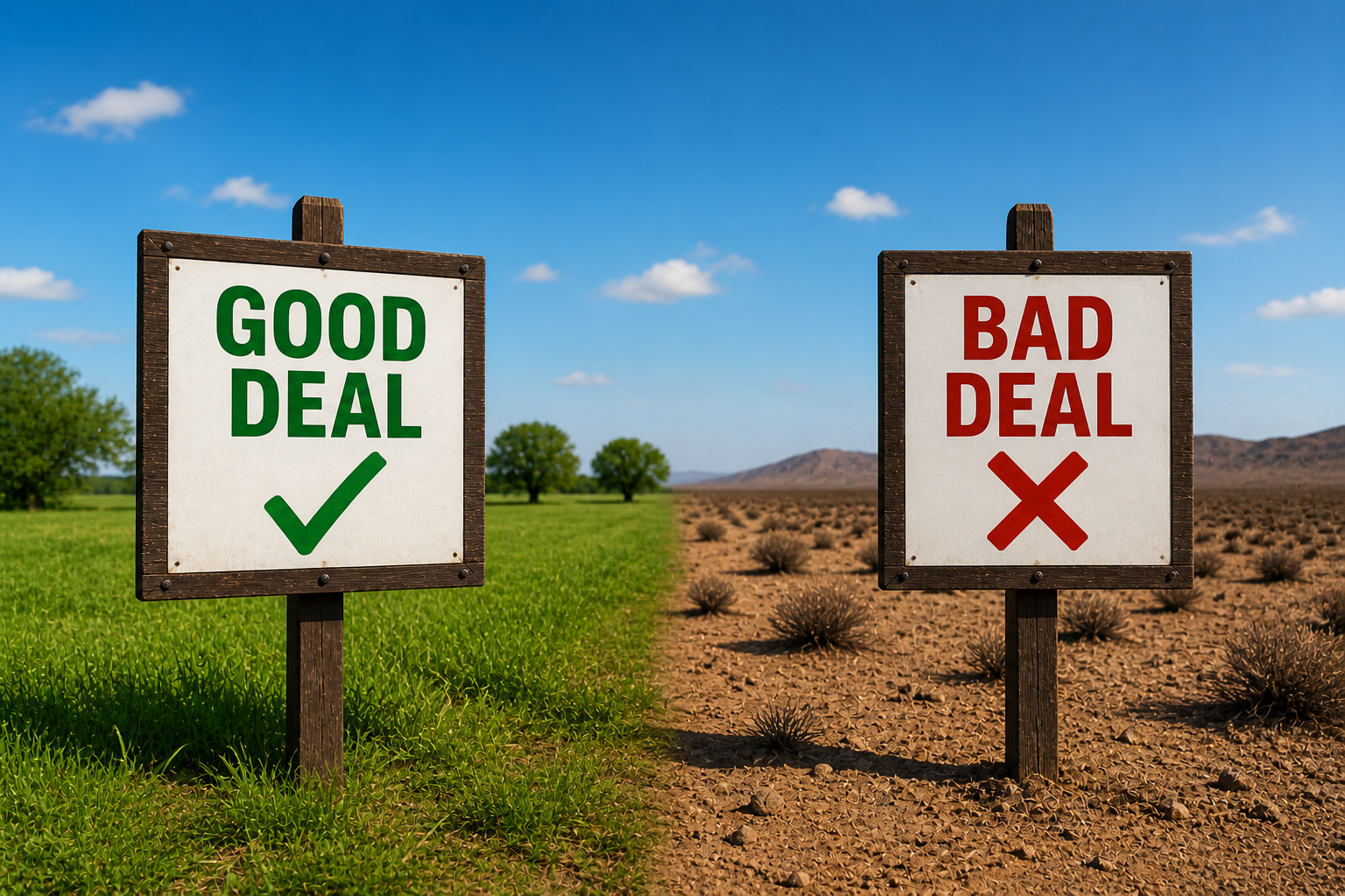 Land flipping comparison showing a cheap land deal vs bad land investment with no access and no buyers