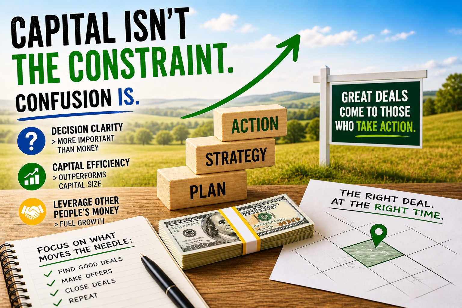 Land flipping strategy illustration with money stack, plan strategy action blocks, and rural land background showing capital efficiency and real estate investing decisions