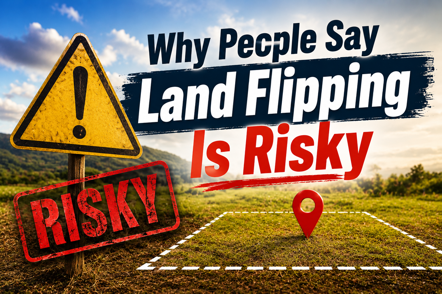 Land flipping risk concept image with warning sign, “Why People Say Land Flipping Is Risky” text, red risk stamp, and vacant land parcel illustration highlighting investment uncertainty and due diligence in land investing. Land flipping risk concept image with warning sign, “Why People Say Land Flipping Is Risky” text, red risk stamp, and vacant land parcel illustration highlighting investment uncertainty and due diligence in land investing.