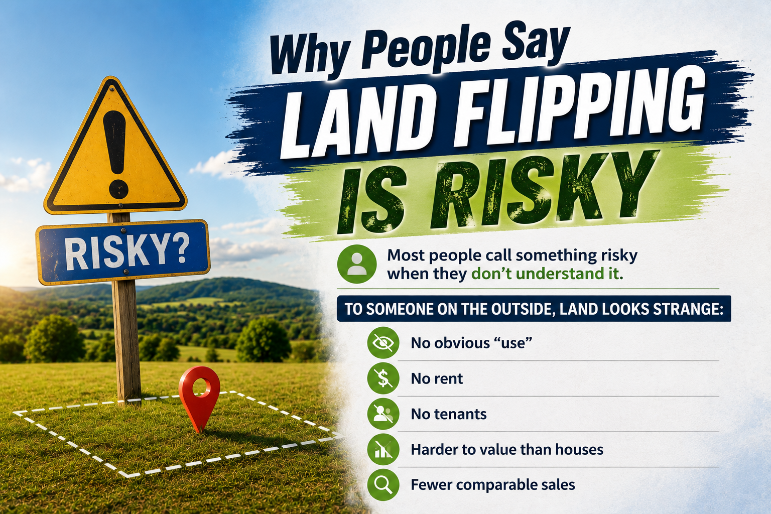 Why people say land flipping is risky infographic with warning sign, rural vacant land parcel, and key concerns like no rent, no tenants, valuation challenges, and fewer comparable sales in land investing Why people say land flipping is risky infographic with warning sign, rural vacant land parcel, and key concerns like no rent, no tenants, valuation challenges, and fewer comparable sales in land investing