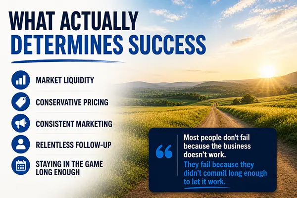 Land investing for beginners image explaining what determines success including market liquidity, consistent marketing, and staying committed Land investing for beginners image explaining what determines success including market liquidity, consistent marketing, and staying committed