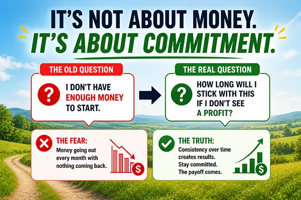 Land investing for beginners infographic explaining why commitment matters more than money and how consistency leads to profit Land investing for beginners infographic explaining why commitment matters more than money and how consistency leads to profit