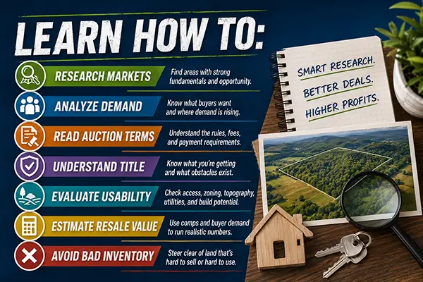 Illustration showing how to research and evaluate land tax auction deals, including market research, demand analysis, title review, usability checks, and resale value estimation. Illustration showing how to research and evaluate land tax auction deals, including market research, demand analysis, title review, usability checks, and resale value estimation.