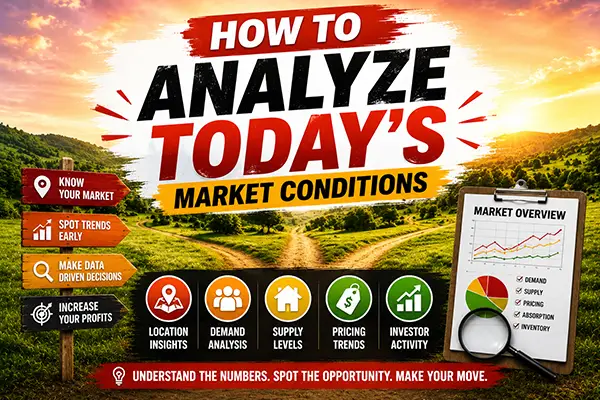 Graphic about analyzing land flipping market conditions with charts, pricing trends, supply and demand data, investor activity, and market research tools for smarter land investing decisions. Graphic about analyzing land flipping market conditions with charts, pricing trends, supply and demand data, investor activity, and market research tools for smarter land investing decisions.