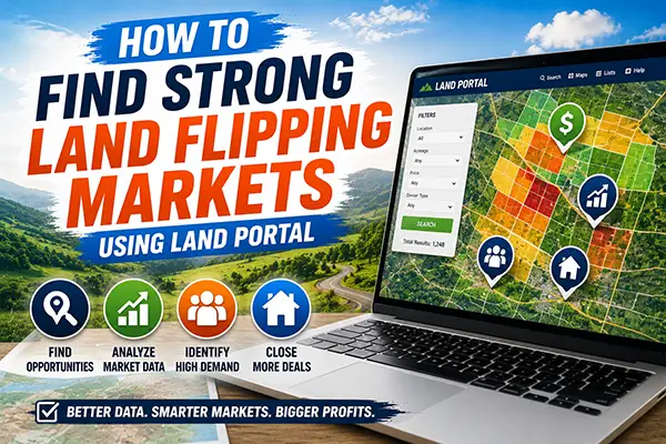 Graphic showing how to find strong land flipping markets using Land Portal with market analysis maps, demand indicators, and tools for identifying profitable land deals. Graphic showing how to find strong land flipping markets using Land Portal with market analysis maps, demand indicators, and tools for identifying profitable land deals.