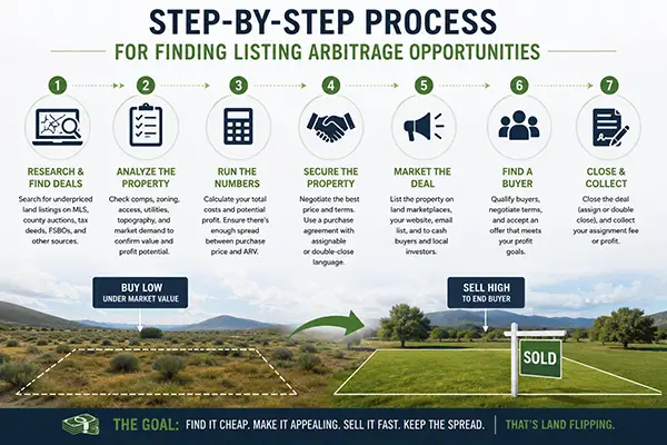 Step-by-step process for finding land listing arbitrage opportunities: Research deals, analyze property, run the numbers, secure the property, market the deal, find a buyer, and close to collect profit — Travis King land flipping strategy Step-by-step process for finding land listing arbitrage opportunities: Research deals, analyze property, run the numbers, secure the property, market the deal, find a buyer, and close to collect profit — Travis King land flipping strategy