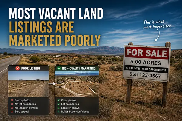 Most vacant land listings are marketed poorly — comparison showing poor listing with blurry photos and no lot boundaries versus high-quality land listing with clear photos, lot boundaries and location context Most vacant land listings are marketed poorly — comparison showing poor listing with blurry photos and no lot boundaries versus high-quality land listing with clear photos, lot boundaries and location context