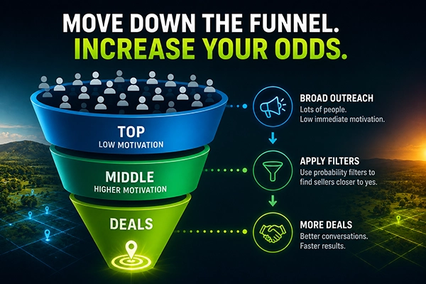 Real estate lead generation funnel showing motivated land sellers moving from broad outreach to qualified deals through seller filtering and targeted marketing strategies.