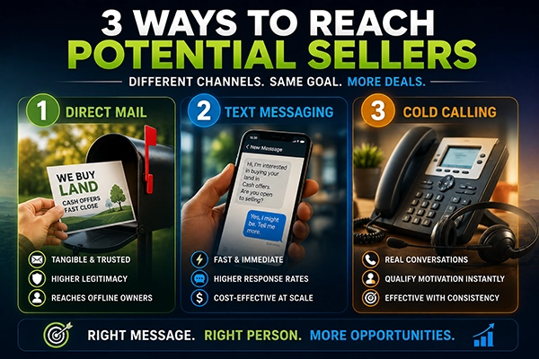 Three proven land acquisition marketing channels including direct mail, text messaging, and cold calling for reaching motivated land sellers and generating more real estate deals.