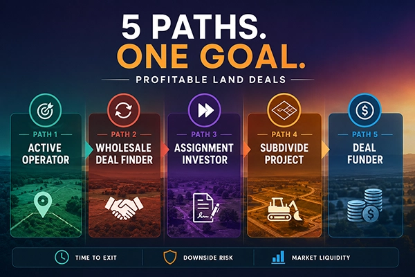 Five profitable land investing paths including active operator, wholesale deal finder, assignment investor, subdivision projects, and land deal funding strategies. Five profitable land investing paths including active operator, wholesale deal finder, assignment investor, subdivision projects, and land deal funding strategies.