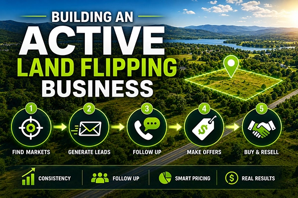 Step-by-step land flipping business process showing how to find markets, generate leads, follow up with sellers, make offers, and buy and resell vacant land for profit. Step-by-step land flipping business process showing how to find markets, generate leads, follow up with sellers, make offers, and buy and resell vacant land for profit.