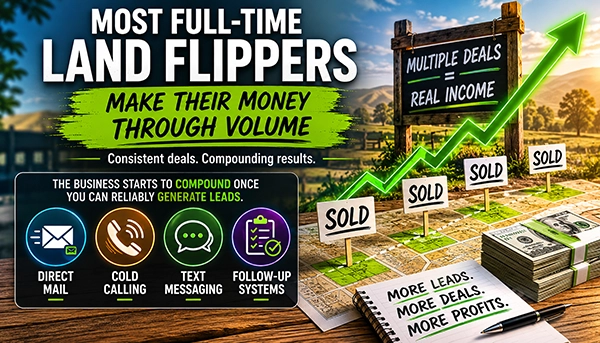 Successful land flipping business strategy showing how full-time land investors generate more profits through consistent lead generation, direct mail, cold calling, text messaging, and follow-up systems Successful land flipping business strategy showing how full-time land investors generate more profits through consistent lead generation, direct mail, cold calling, text messaging, and follow-up systems