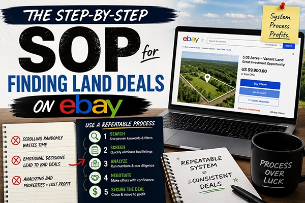 Step-by-step standard operating procedure for finding land deals on eBay, including searching listings, screening properties, analyzing deals, negotiating prices, and securing profitable land investments Step-by-step standard operating procedure for finding land deals on eBay, including searching listings, screening properties, analyzing deals, negotiating prices, and securing profitable land investments