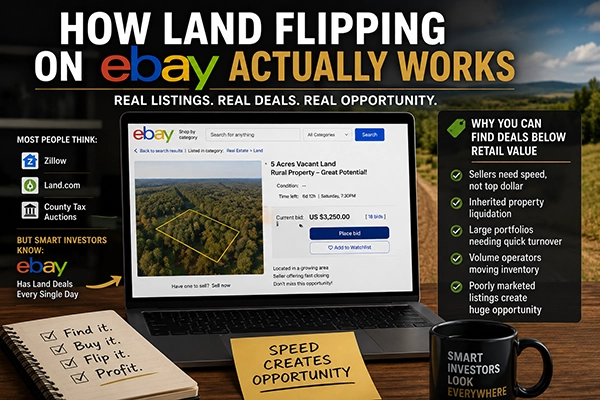 How land flipping on eBay works, showing real vacant land listings, below-market opportunities, motivated sellers, and strategies for finding profitable land deals online How land flipping on eBay works, showing real vacant land listings, below-market opportunities, motivated sellers, and strategies for finding profitable land deals online