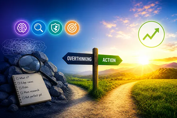 A split-path illustration symbolizing the choice between overthinking and taking action. On the left, a pile of rocks with tangled scribbles, a magnifying glass, and a checklist represents analysis paralysis. On the right, a bright sunrise illuminates a green path labeled “Action” with an upward-trending arrow, conveying progress through decisive movement A split-path illustration symbolizing the choice between overthinking and taking action. On the left, a pile of rocks with tangled scribbles, a magnifying glass, and a checklist represents analysis paralysis. On the right, a bright sunrise illuminates a green path labeled “Action” with an upward-trending arrow, conveying progress through decisive movement