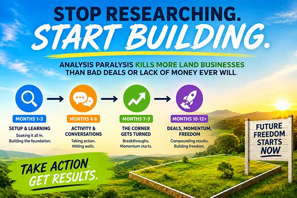 A motivational real estate infographic showing a progression from research to financial freedom. Four colorful icons represent stages of growth: setup and learning, activity and conversations, momentum and breakthroughs, and finally deals and freedom. In the background, a green landscape features a marked land parcel and a sign reading “Future Freedom Starts Now,” emphasizing taking action over endless research. A motivational real estate infographic showing a progression from research to financial freedom. Four colorful icons represent stages of growth: setup and learning, activity and conversations, momentum and breakthroughs, and finally deals and freedom. In the background, a green landscape features a marked land parcel and a sign reading “Future Freedom Starts Now,” emphasizing taking action over endless research.
