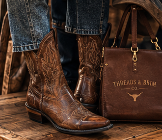 Tooled leather boots beside a Threads & Brim leather tote