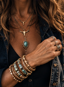 Layered necklaces and bracelets