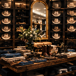 A wall of hats and a gold mirror