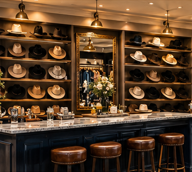 A wall of hats at a hat bar