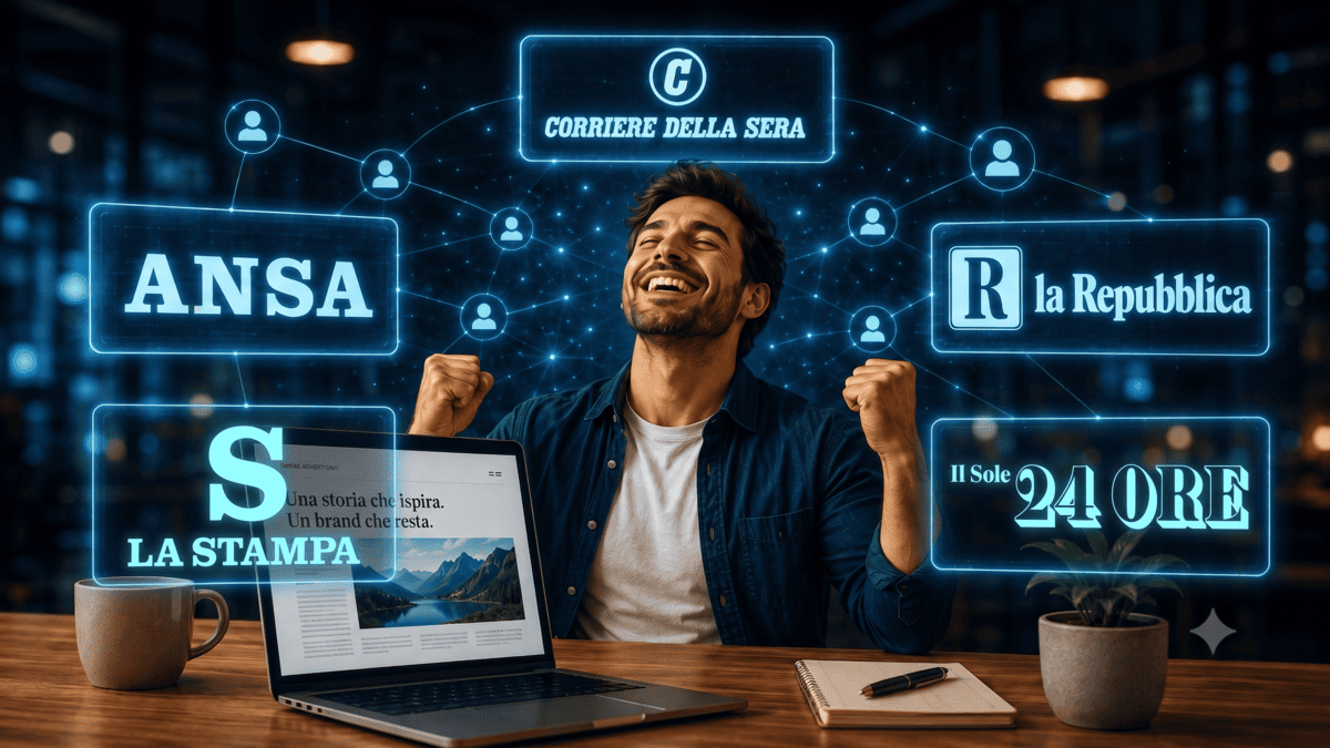 Imprenditore soddisfatto con loghi di testate giornalistiche collegate — ANSA, Corriere della Sera, la Repubblica, Il Sole 24 Ore, La Stampa