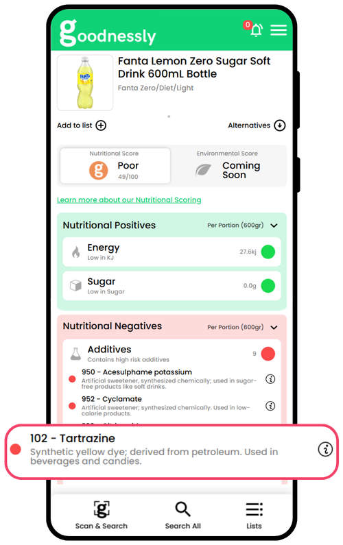 Goodnessly app showing a scanned product with its additive breakdown and rating