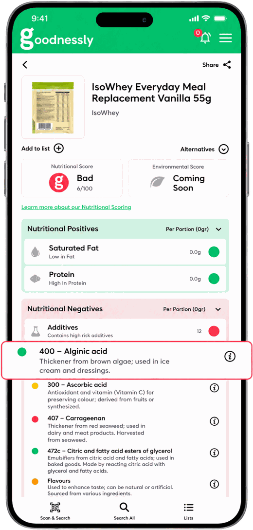 Goodnessly app scan of IsoWhey Everyday Meal Replacement Vanilla showing additive 400 (Alginic Acid) highlighted, rated Bad overall