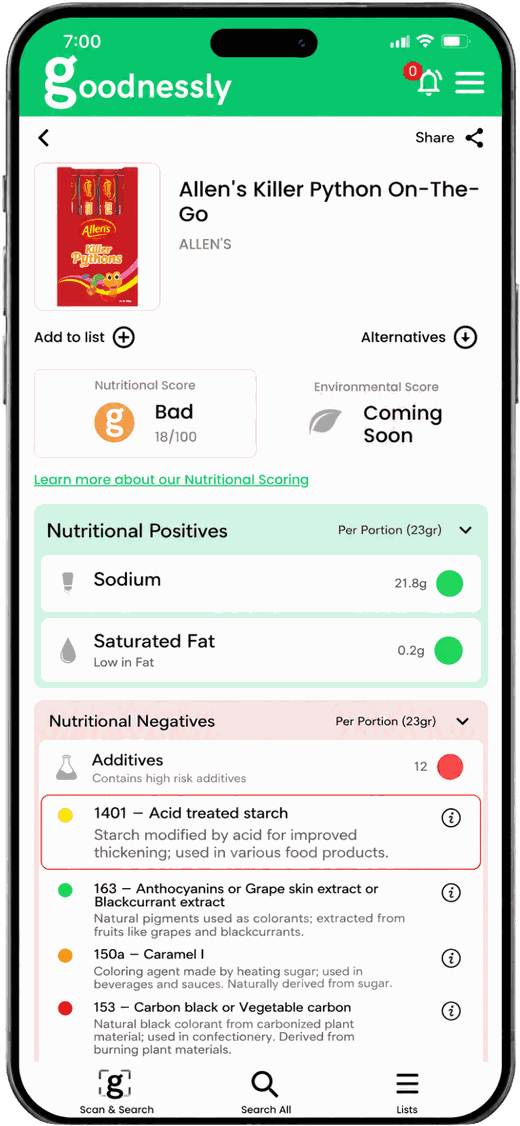 Goodnessly app scan of Allen's Killer Python On-The-Go showing additive 1401 (Acid Treated Starch) highlighted, rated Bad overall