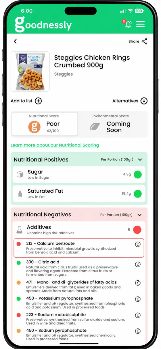 Goodnessly app showing a real product containing E213 (Calcium Benzoate), with the additive highlighted