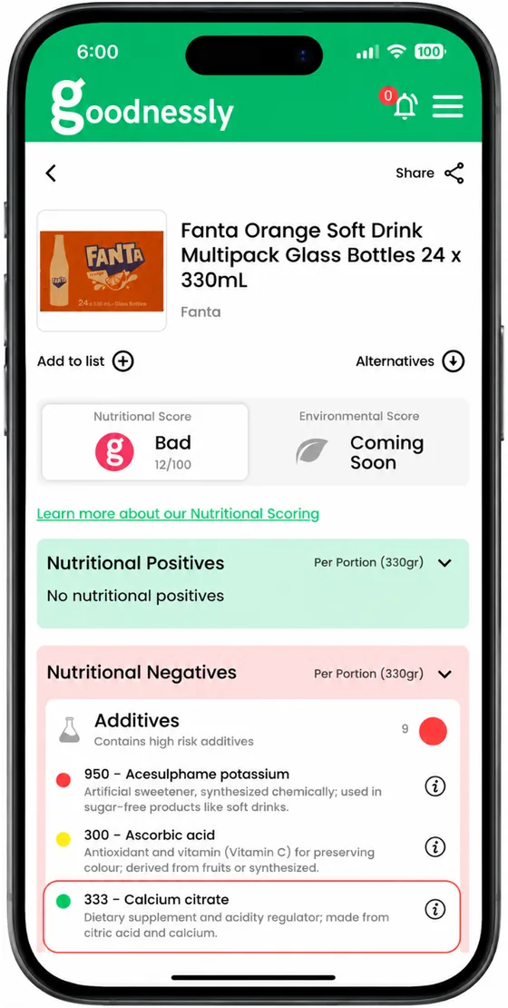 Goodnessly app showing a real product containing E333 (Calcium Citrate), with the additive highlighted