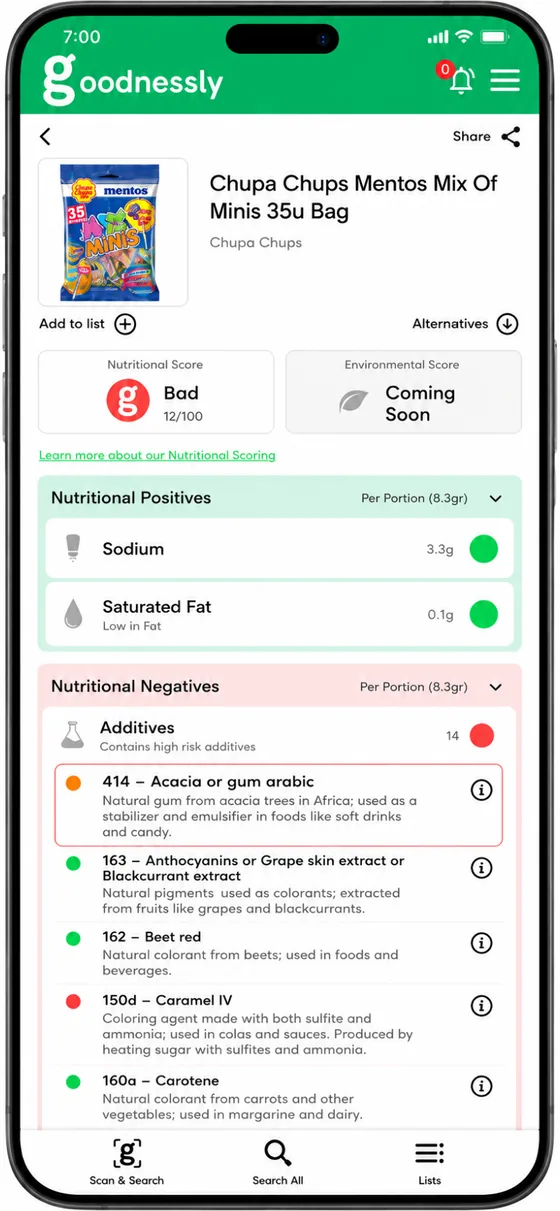 Goodnessly app showing a real product containing E414 (Acacia Gum), with the additive highlighted