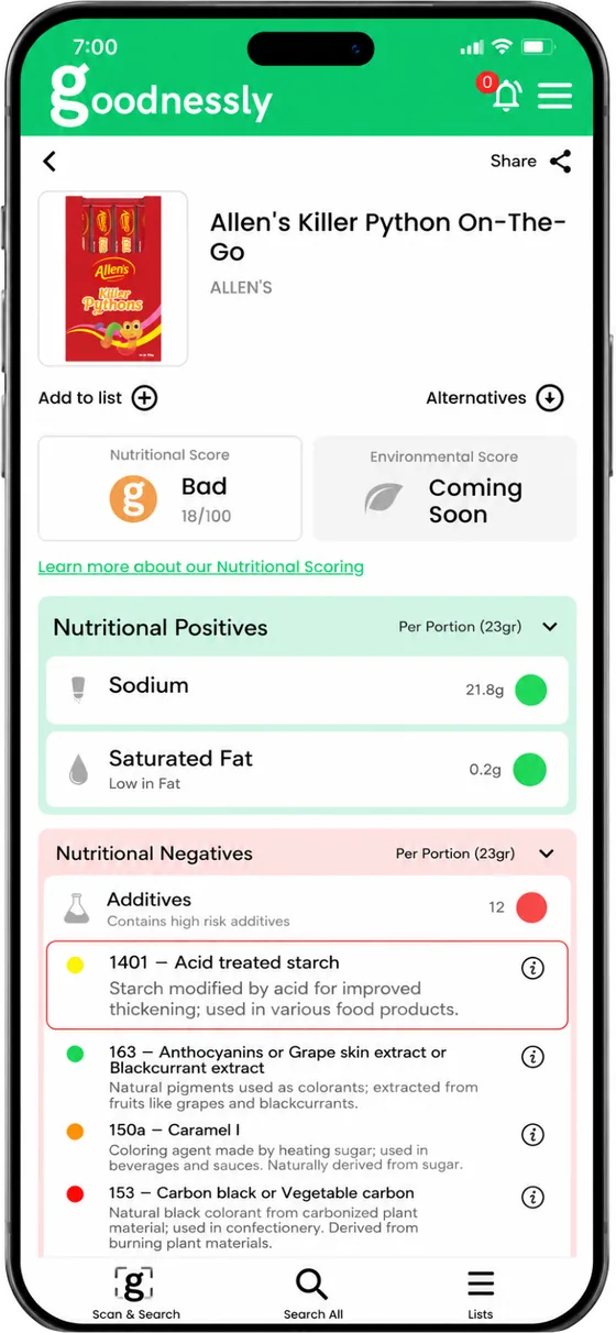Goodnessly app showing a real product containing E1401 (Acid Treated Starch), with the additive highlighted
