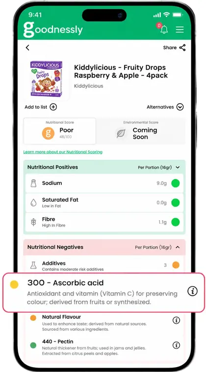 Goodnessly additive checker explaining 300 Ascorbic acid in a food product