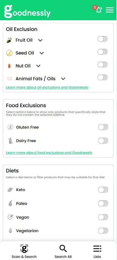 Goodnessly filters screen with oil exclusions, gluten free, dairy free and diet filters