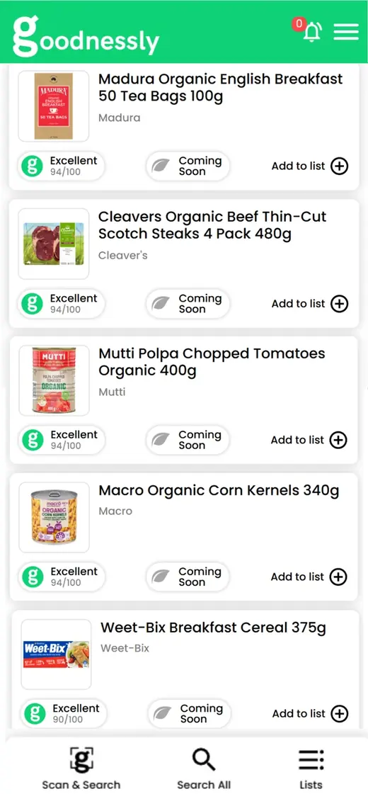Goodnessly food scanner app showing organic tea, steak, tomatoes and cereal each scored Excellent out of 100