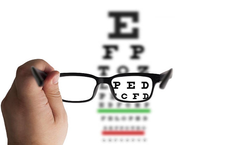Glasses focusing an eye chart for a DMV vision test