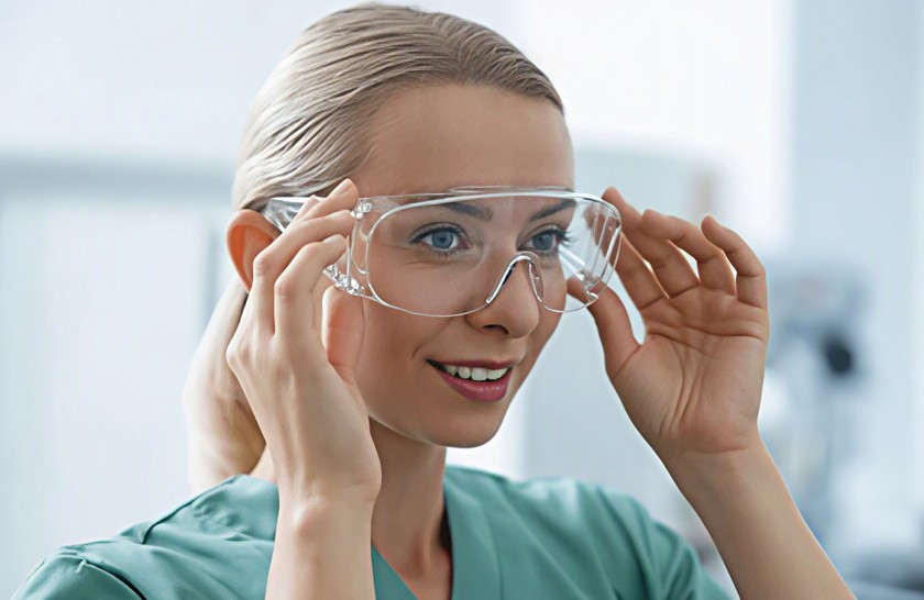 Healthcare worker wearing safety glasses that fits properly 