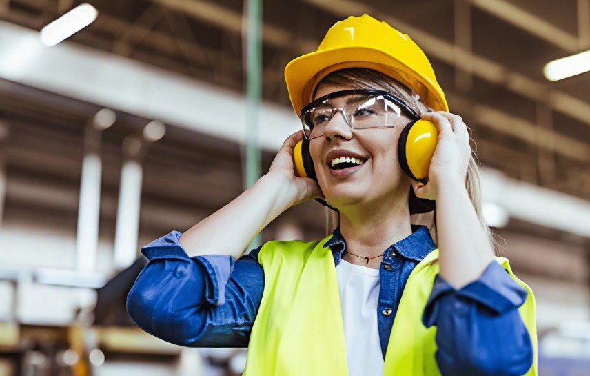 Factory worker wearing safety glasses covered by vision insurance
