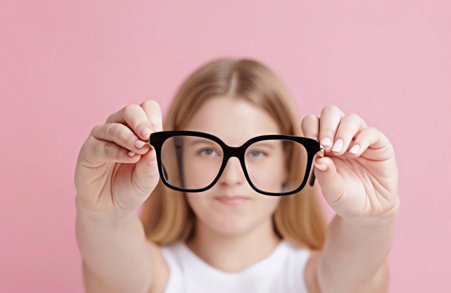 Woman holding glasses with blurry vision, a symptom to watch for during a diabetic eye exam