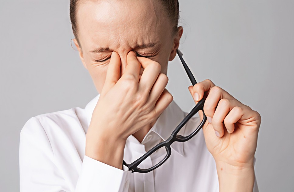 Woman rubbing her eyes with a headache, a sign to discuss at a diabetic eye exam