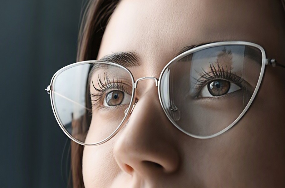 Close-up of woman's eyes behind glasses