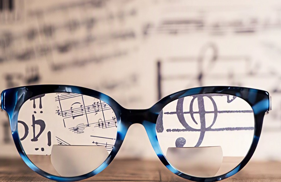 Close-up of bifocal glasses lenses, illustrating progressive lenses vs bifocals