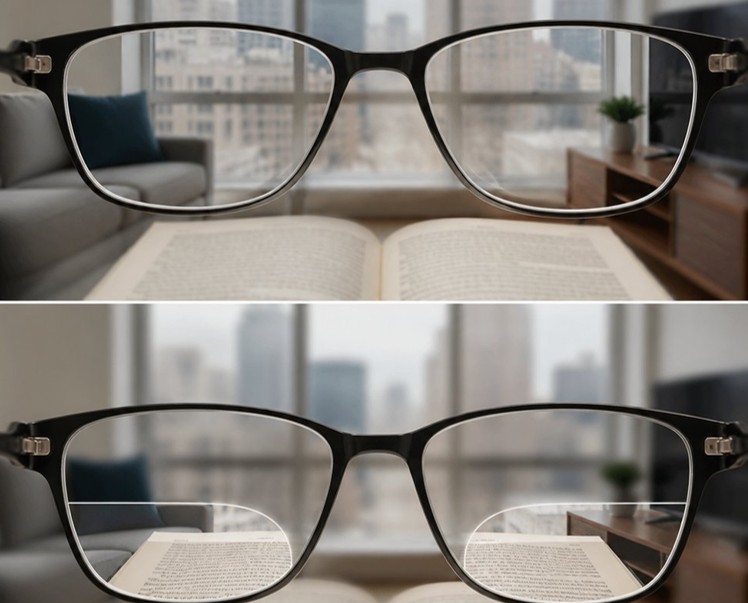 Comparison showing progressive lenses vs bifocals through a reading view