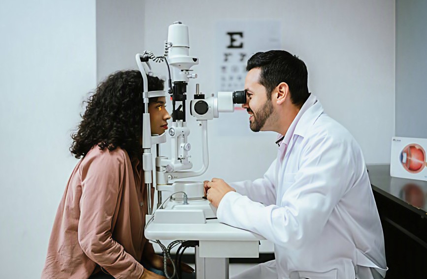 Patient getting an eye exam covered by vision insurance Patient getting an eye exam covered by vision insurance