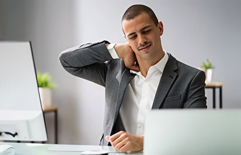 Man rubbing his neck at his desk, a sign computer glasses may help with strain Man rubbing his neck at his desk, a sign computer glasses may help with strain