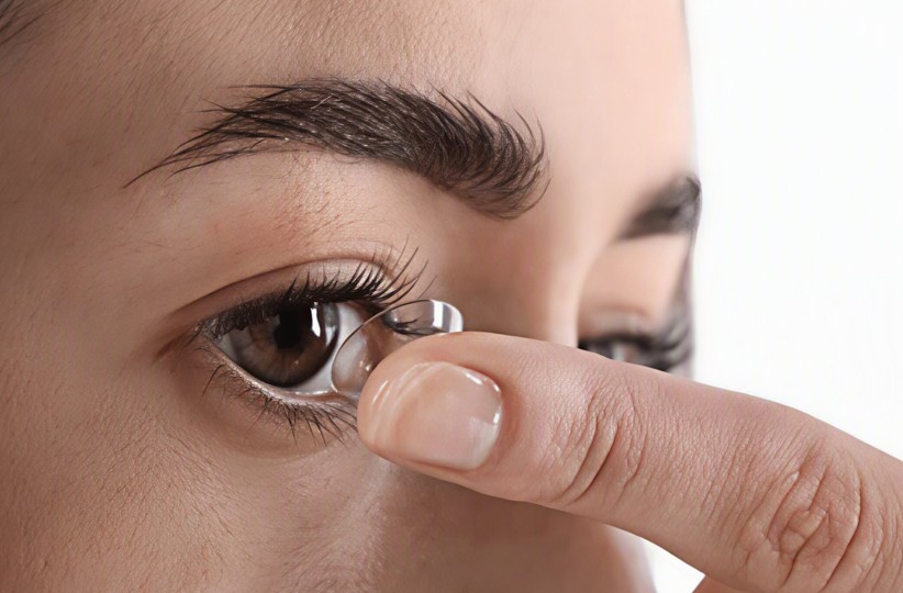 Woman inserting a toric contact lens for astigmatism Woman inserting a toric contact lens for astigmatism