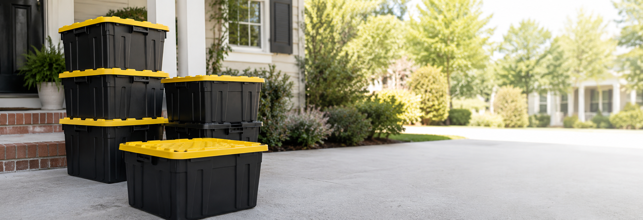 Black reusable moving totes with yellow lids delivered to a home in Athens, Georgia