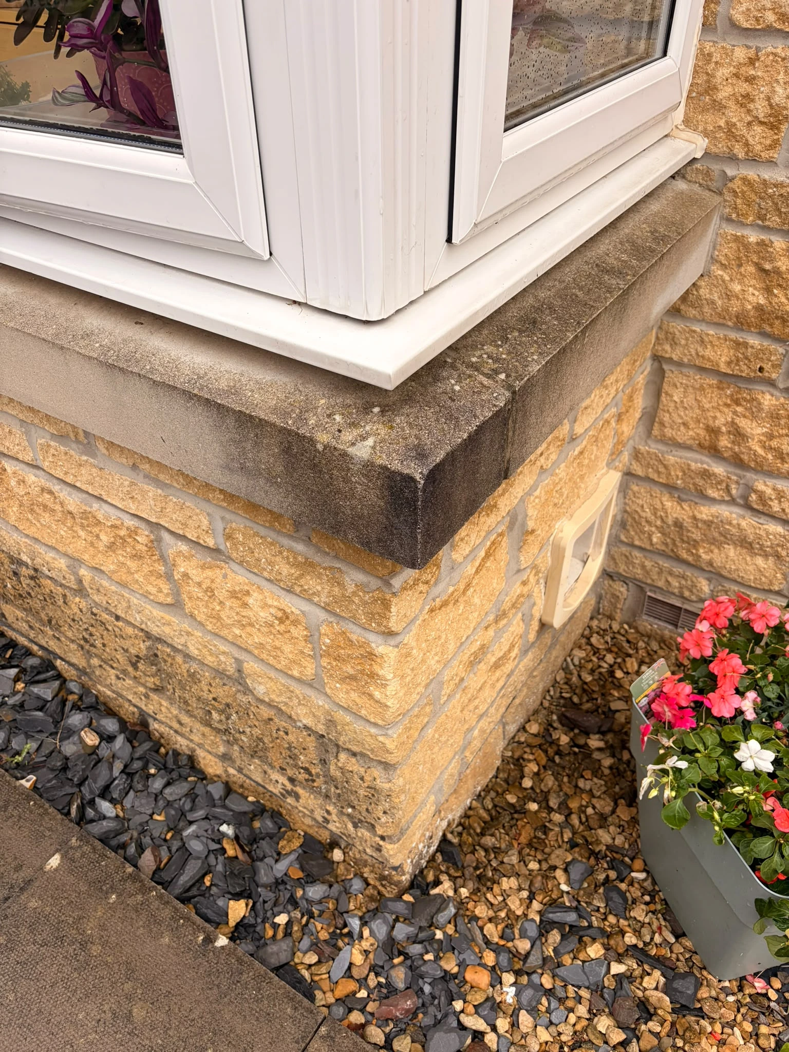 External stone window sill in Gloucester with black staining and algae before soft washing by Glevum Hydro