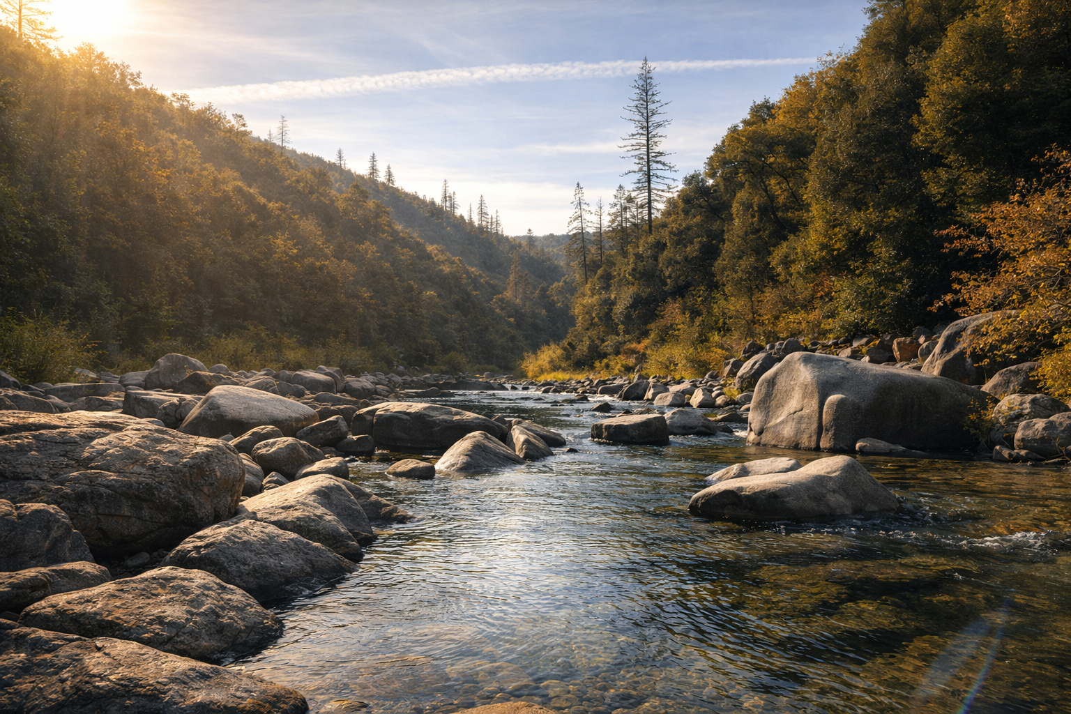 A clear river winding through a sunlit canyon