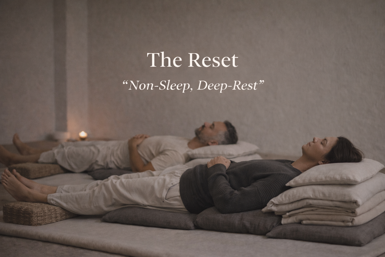 The Reset, Non-Sleep Deep-Rest. Two people resting on floor cushions in a softly lit room.